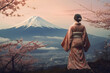 © Inlovehem - Woman wearing a kimono with cherry blossoms and fuji mountain.Generative Ai.