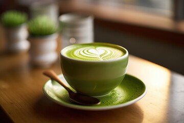 Green matcha tea drink on kitchen counter, AI Generated