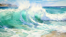 A Beautiful Dark Blue Big Sea Waves In The Ocean Splashing On The Sandy Beach On The Shore Painted In Watercolor