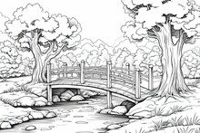 Colouring Book Illustration Of A Nature Landscape With A Garden, River, And Wooden Bridge With Fruit Trees: Generative AI