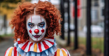 Young Woman Wearing Clown Halloween Costume Outdoors.