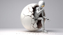 A Human Like AI Robot Breaks Free From Inside A White Egg.