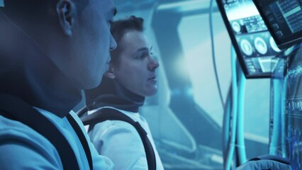 Wall Mural - Team of astronauts in a space suits aboard the orbital station. A crew of cosmonauts piloting the spaceship in space. Galactic travel and science.