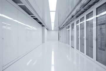 Futuristic computer center, white room with servers.