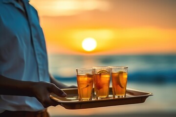 Wall Mural - Waiter serving orange juice on a tray Summer beach sun