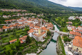 Kanal na Soci aerial drone townscape, Slovenia