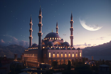 A painting of a mosque with a crescent moon in the background generative AI