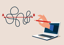 Through The Laptop Businessman  Holding Red Pencil In Hand Leads A Drawing Line From Point A To Point B, Shortest Distance To Goal, Easy Or Shortcut Way To Win Business Success. Vector Illustration
