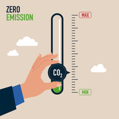 Holding and  turning gauge arrow pointer to lowest level of CO2. New energy to energy and transportation. Zero emission. Vector illustration