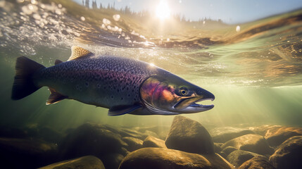 Wall Mural - Wild salmon fish swimming in a high mountain river