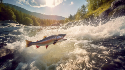 Wall Mural - Wild salmon fish jumping from the water and swimming against the current in a high mountain river