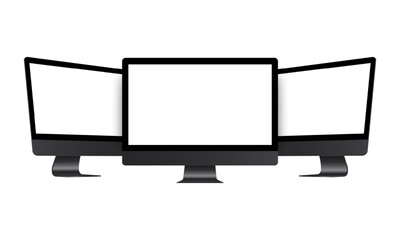 Computer Monitor, Black Mockup, Front and Side View, Isolated on White Background. Vector Illustration