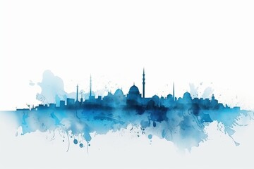 Wall Mural - ankara city skyline, A Captivating Watercolor-style Blue Silhouette of Ankara's Skyline, against a White Background, Exuding the Unique Blend of History and Modernity in the Heart of Turkey's Capital.