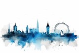 Fototapeta Londyn - london city skyline, A Captivating Watercolor-style Blue Silhouette of London's Iconic Skyline, Set against a White Background, Uniting Bavarian Artistry with London's Vibrant Charm