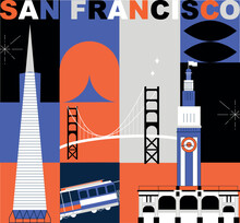 Typography Word "San Francisco" Branding Technology Concept. Collection Of Flat Vector Web Icons, Culture Travel Set, Famous Architectures, Specialties Detailed Silhouette. American Famous Landmark.