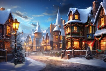 Village street with european houses with christmas decoration, lamppost and trees in snowy night, Generative AI