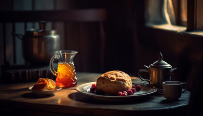 Wall Mural - Freshly baked pancakes on rustic wooden table generated by AI