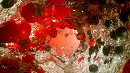 Poster - Super Slow Motion of Water Wave with Berries Fruit. Water Surf Wave Rotating Around and Creating Tunnel Shape. Filmed on high speed cinema camera, 1000 fps.