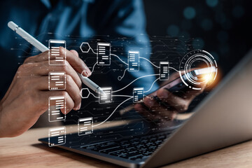 Data analysis of document ai artificial intelligence process with technology processor to planning business information data, tech, network corporate concept.