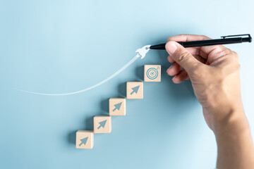 Poster - Business growth success achievement concept, hand of people arranging drawing as step stair or ladder for planning development leadership and customer target group concept.