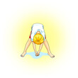 Kids Yoga - Joga für Kinder, Asana Armschaukel, horizontal Banner Design Concept Cartoon. Junge barfuß in Yoga Haltung, macht fröhliches Gesicht. Yogi Logo auf Hintergrund in weiß.