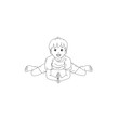 Kids Yoga - Joga für Kinder, Asana Frosch, horizontal Banner Design Concept Cartoon. Junge barfuß in Yoga Haltung, macht fröhliches Gesicht. Yogi Logo auf Hintergrund in weiß.