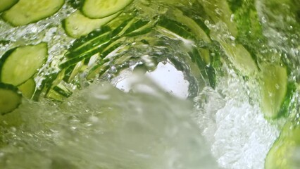 Poster - Super Slow Motion of Water Wave with Cucumber Slices. Water Surf Wave Rotating Around in Creating Tunnel Shape. Filmed on high speed cinema camera, 1000 fps.