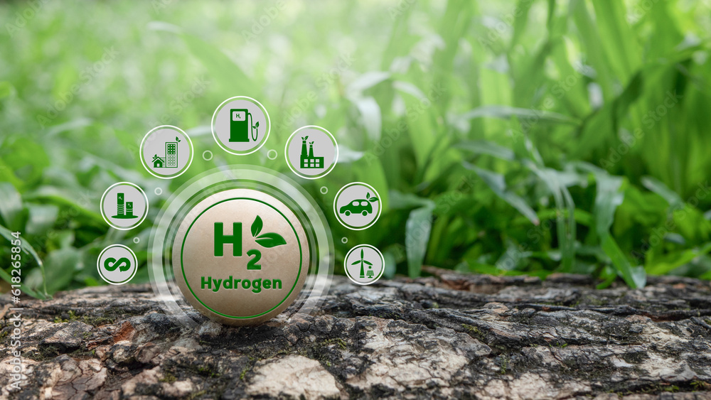 Concept of Green Hydrogen H2 gas molecule. Production of green hydrogen ...