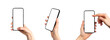 © valiantsin - Mobile phone mockups set. Smartphone screen mock-ups in hand isolated on white