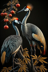 Wall Mural - A couple of birds sitting on top of a tree. Cranes. Generative AI