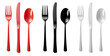© Sandra Chia - Set of Cutlery of plastic disposable colourful party spoon, fork knife on transparent background cutout, PNG file. Mockup template for artwork design. red black white