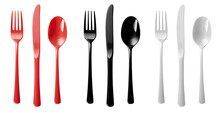 Set Of Cutlery Of Plastic Disposable Colourful Party Spoon, Fork Knife On Transparent Background Cutout, PNG File. Mockup Template For Artwork Design. Red Black White

