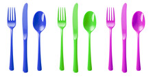 Set Of Cutlery Of Plastic Disposable Colourful Party Spoon, Fork Knife On Transparent Background Cutout, PNG File. Mockup Template For Artwork Design. Blue Green Purple

