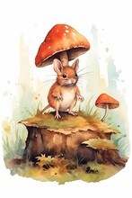 Charming Mouse With Big Ears And Tail Watercolor. AI Generated
