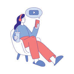 Poster - Woman Character Use Social Media Sitting on Chair with Smartphone Drinking Soda Vector Illustration