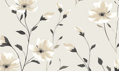  a white flower wallpaper with black leaves and flowers on a light gray background with a black and white floral pattern on the wall of the wall.  generative ai