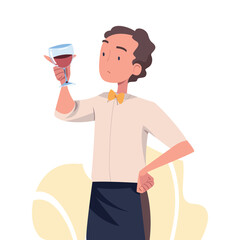 Poster - Man Sommelier in Apron as Wine Professional with Glass of Drink Vector Illustration