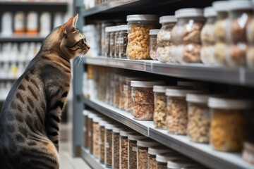Cute cat in a pet store looking and choosing its own food. Generative AI
