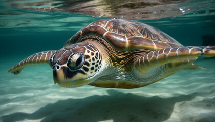 Poster - Large green sea turtle swimming in reef generated by AI