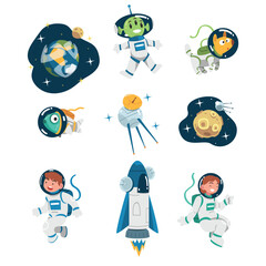 Canvas Print - Space with Astronaut Character in Spacesuit, Shuttle and Planet Vector Set