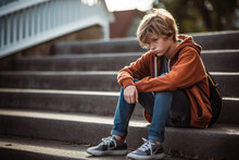 Depressed School Boy Sitting Alone At Stairs. Victim Of School Bullying. Stress And Mental Problem In Childhood. Created With Generative AI