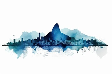 Wall Mural - Rio skyline, A Captivating Watercolor-style Blue Silhouette of Rio de Janeiro Skyline, Against a White Background, Showcasing the Vibrant Energy and Cultural Richness of Brazil Marvelous City