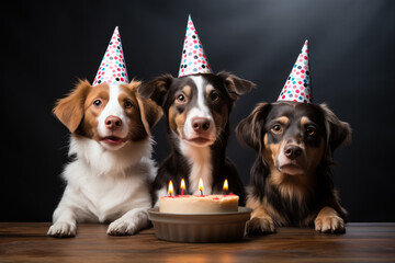 Dogs with party hats and balloons celebrate life on black background. Generative AI