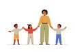 Teacher with primary pupils stand together and hold hands. Preschool children with their caregiver. Multiracial Elementary students greeting their pedagog. Education concept. Vector illustration