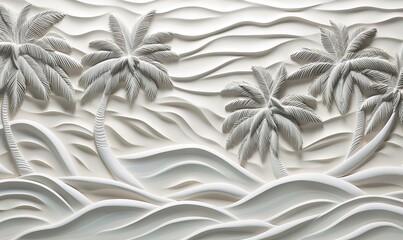 Wall Mural -  a paper sculpture of palm trees on a wave pattern of white paper with waves and waves in the foreground, and a mountain in the background.  generative ai