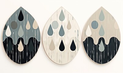 Wall Mural -  three circular paintings of raindrops on a white wall, one of which is hanging on the wall and the other of which is hanging on the wall.  generative ai
