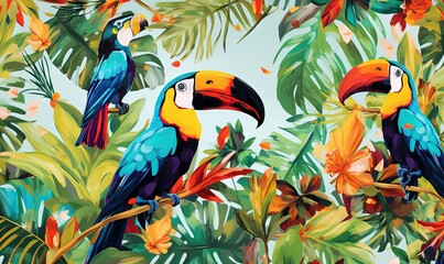 a painting of two parrots sitting on a branch in a tropical forest with leaves and flowers on a blue