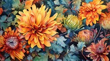 Rich Fall Colors On Chrysanthemums And Canna Lilies . AI Generated