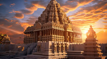 An Ancient, Intricately Designed Temple Stands As A Testament To Human Craftsmanship, Its Grandeur Illuminated By The Golden Rays Of The Setting Sun Generative AI