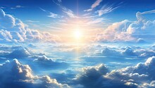 Anime Sky Clouds With Bright Sun Rays And Beautiful Blue Sky. 